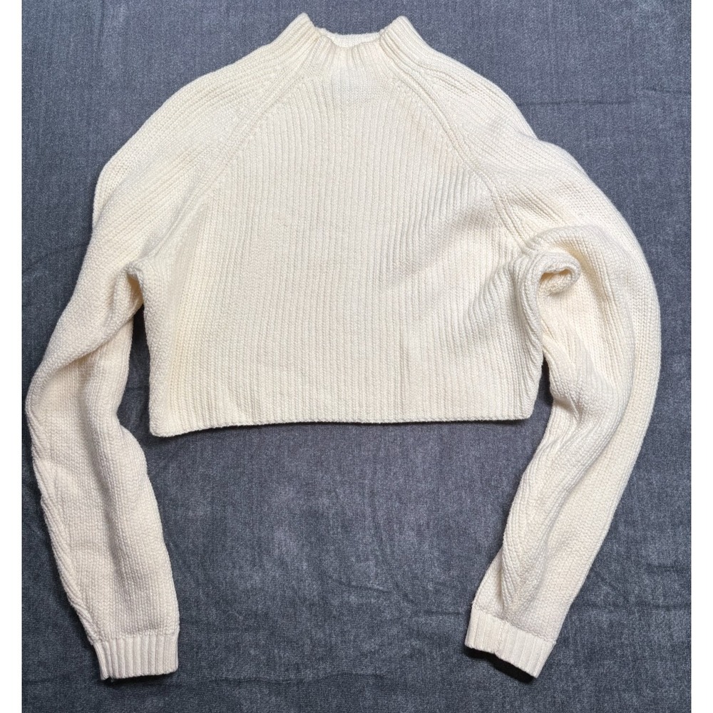 Hollister Women's Small Cream Cropped Mock Neck Sweater Rib Knit Long Sleeve